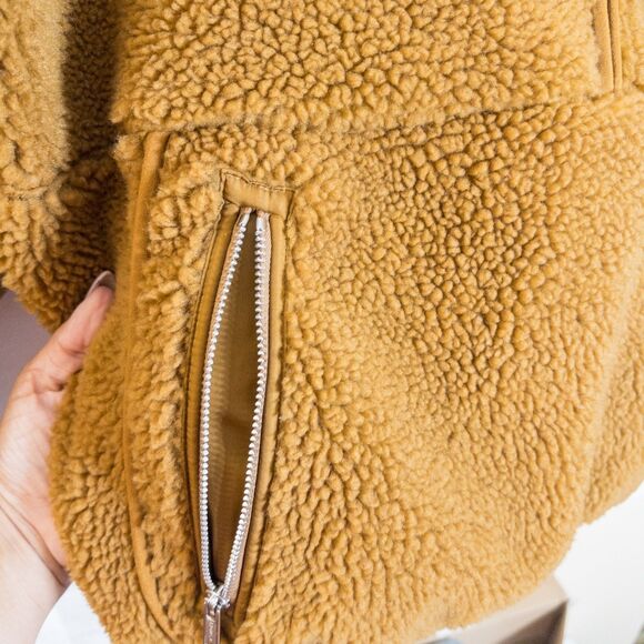 Madewell Faux Shearling Half-Zip Pullover XL • Mustard/Camel Teddy Fleece Zip-Up - Picture 8 of 15
